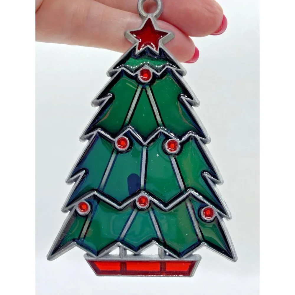 Lot 5 Vintage Plastic Christmas Ornaments Faux Stained Glass Suncatchers Decor